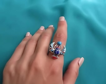 Turquoise Lapis Scarab Ring: Sterling Silver Egyptian Amulet, Size 10