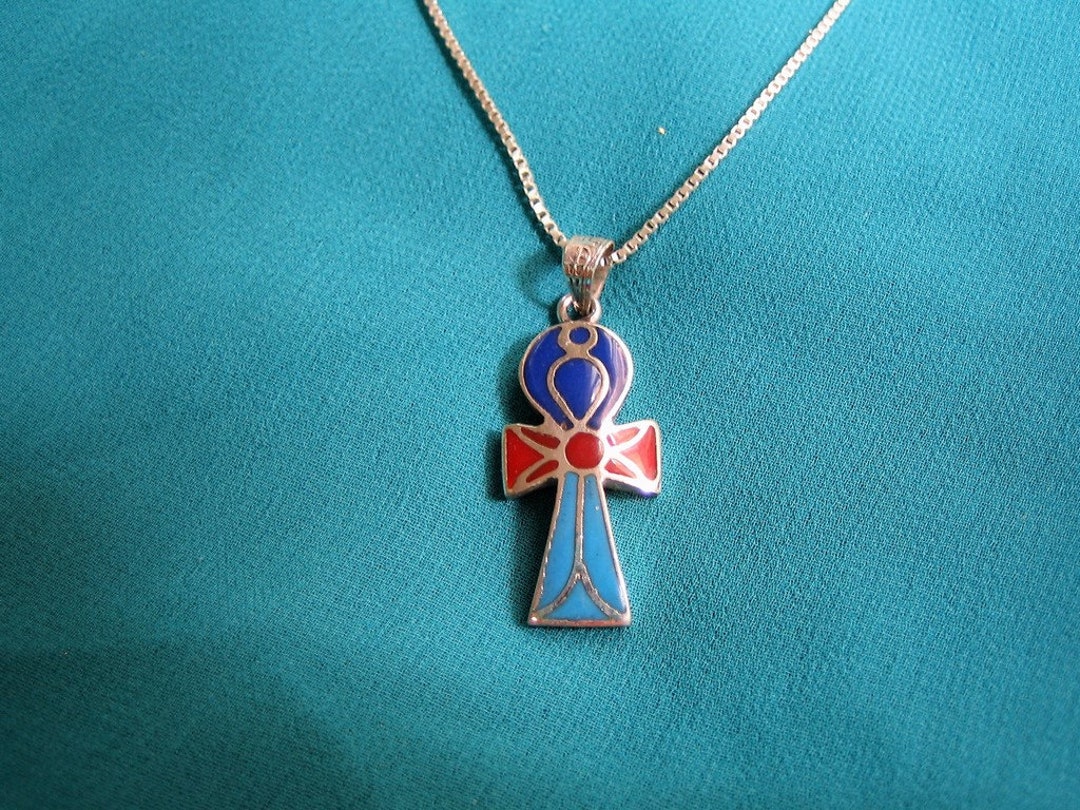Inlayed Ankh Necklace, Egyptian Sterling Silver Ankh, Egyptian Necklace