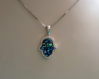 Collana Hamsa in argento sterling: mano di Fatima egiziana, intarsio in opale blu