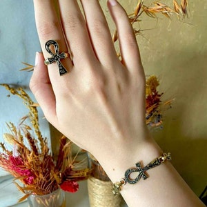 Oxidized Brass Ankh Bracelet & Ring Set: Egyptian Hieroglyphics Jewelry