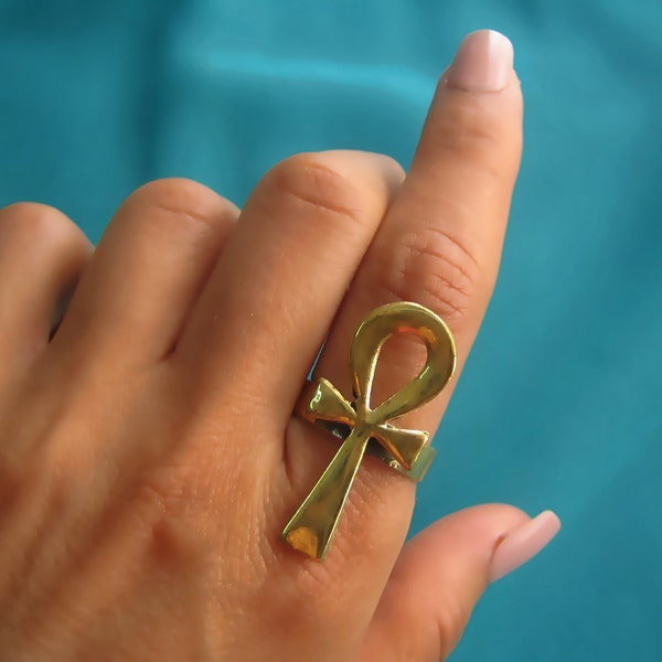 Adjustable Gold Ankh ring, Egyptian Jewelry, Amulet ring, Egyptian Ankh Brass