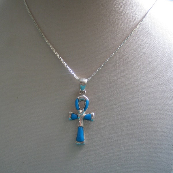 Turquoise Ankh necklace, Egyptian Sterling silver turquoise Ankh necklace, Egyptian Ankh necklace