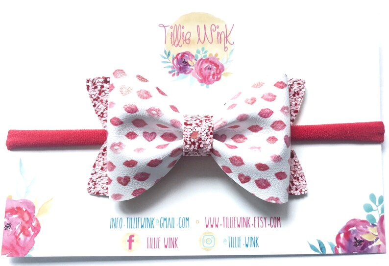 Baby hairbow and hairclip Newborn to adult headband and bow Red and pink kiss Valentine/'s Day bow