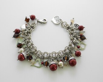 Valentine's Heart Charm Bracelet with Swarovski Crystals and Pearls