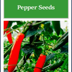 May include: Image of Serrano Hot Pepper Seeds. The image shows vibrant red and green chili peppers growing on a plant with green leaves. The text "Serrano Hot Pepper Seeds" is displayed in white letters on a green background.