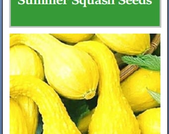 May include: Image of Golden Crookneck Summer Squash Seeds. The image shows several bright yellow crookneck squash. The squash have a curved neck and a bumpy texture. The top of the image has a green rectangle with white text.