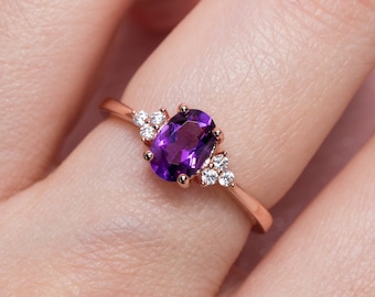 Natural Oval Amethyst Gold Ring, Rose Gold Ring, Sterling Silver Ring, Amethyst Engagement Ring, Birthday Gift, Valentines Gift for Her