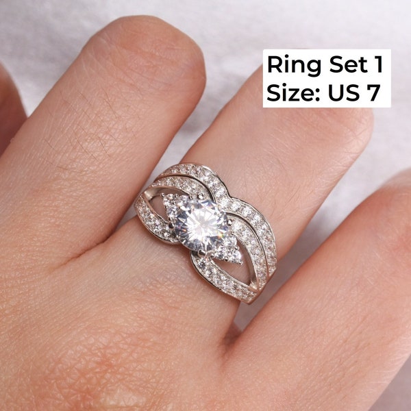 Wedding Ring Set Sample Sale, Ring Size US7, Diamond Simulant White Gold Ring, 925 Sterling Silver Ring, Engagement Ring, Wedding Ring