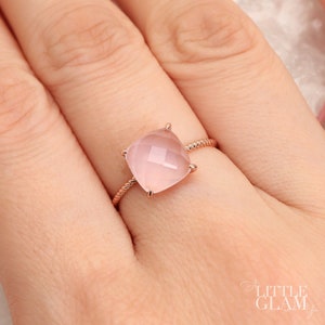 Delicate Cushion Rose Quartz 14k Rose Gold Ring, Rose Quartz Sterling Silver Ring, Birthday Gift for Her, Anniversary Gift, Christmas Gift