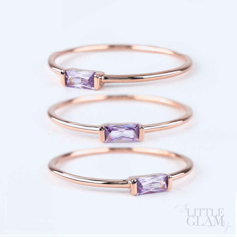 Delicate Amethyst Baguette Sterling Silver Ring 14k Gold Amethyst Ring Rose Gold Amethyst Ring Minimalist Ring Dainty Birthday Gift for Her image 6