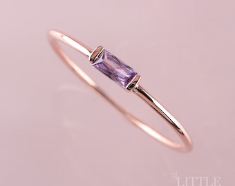 Delicate Amethyst Baguette Sterling Silver Ring 14k Gold Amethyst Ring Rose Gold Amethyst Ring Minimalist Ring Dainty Birthday Gift for Her