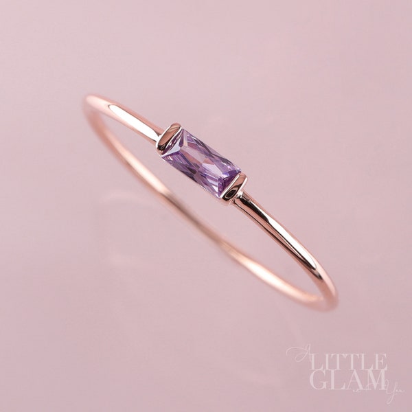 Delicate Amethyst Baguette Sterling Silver Ring 14k Gold Amethyst Ring Rose Gold Amethyst Ring Minimalist Ring Dainty Birthday Gift for Her