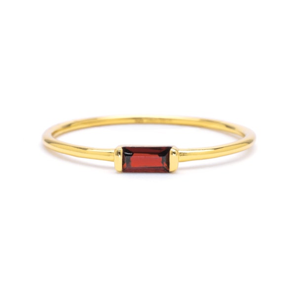 Delicate Garnet Baguette Ring, 14k Gold Plated Sterling Silver Ring, Minimalist Ring, Dainty Ring, Christmas Gifts