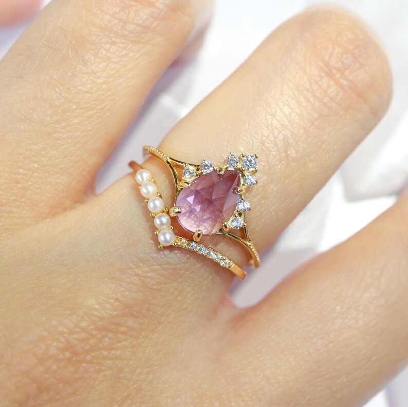 Princess Teardrop Natural Amethyst Ring 14K Yellow Gold Etsy