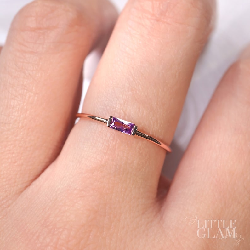 Delicate Amethyst Baguette Sterling Silver Ring 14k Gold Amethyst Ring Rose Gold Amethyst Ring Minimalist Ring Dainty Birthday Gift for Her image 2