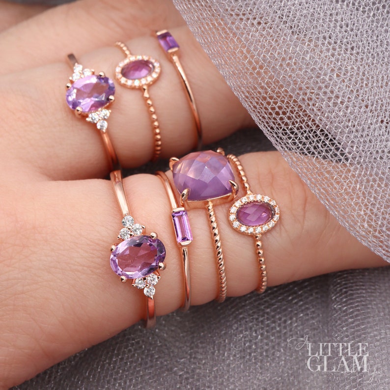 Delicate Amethyst Baguette Sterling Silver Ring 14k Gold Amethyst Ring Rose Gold Amethyst Ring Minimalist Ring Dainty Birthday Gift for Her image 9