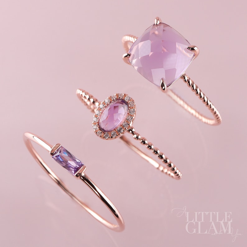 Delicate Amethyst Baguette Sterling Silver Ring 14k Gold Amethyst Ring Rose Gold Amethyst Ring Minimalist Ring Dainty Birthday Gift for Her image 8