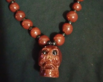 Day Of The Dead Skull Necklace Rust Red With Black Beads