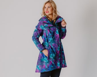 Women Parka with floral print, Lady Raincoat, Outerwear, Elegant softshell parka, Plus size, floral print rain coat, Windproof, Waterproof,