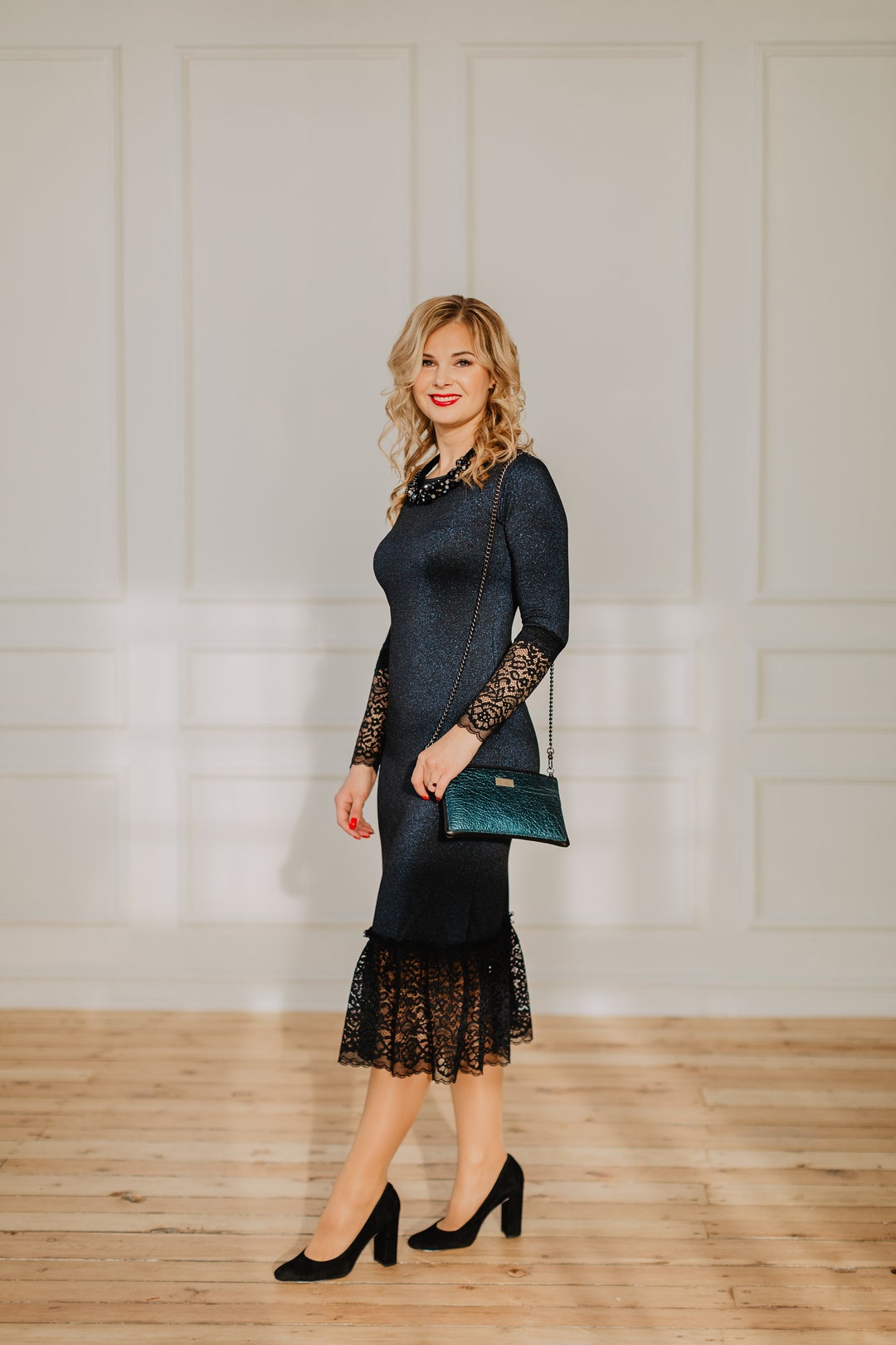 Women Blue Dress, Dress With Lace, Elegant Dress, Long Sleeve Dress ...