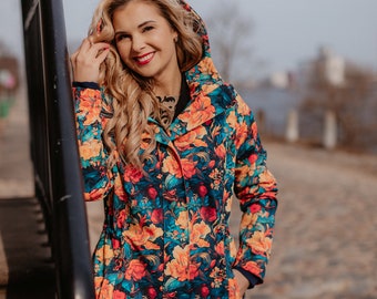 Women Parka with floral print, Lady Raincoat, Outerwear, Elegant softshell parka, Plus size, Roses print rain coat, Windproof, Waterproof,