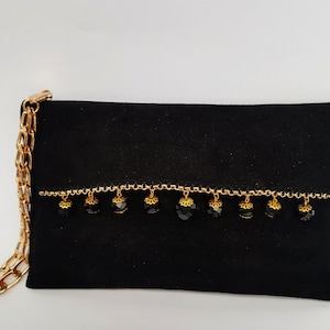 Cartera de piel negra - Cartera o bolso de noche tipo sobre de ante Cartera de piel, bolso de mano de piel, cartera de noche, cartera de ante con cristales negros