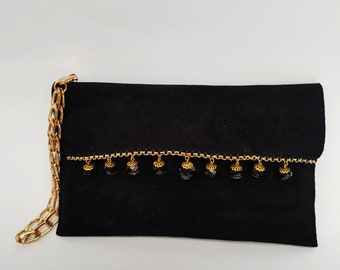 Black Leather Clutch - Suede Evening Envelope Purse or Bag Leather Clutch, Leather Handbag, Evening Clutch, suede clutch with black crystals