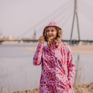 Women Parka with floral print, Lady Raincoat, Outerwear, Elegant softshell parka, Plus size, Flower Mix rain coat, Windproof, Waterproof
