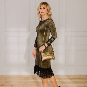 Women Gold Dress, Dress with lace, Elegant Dress, Long Sleeve Dress, Cocktail Dress, Evening Dress, Gold Glitter Dress, Christmas Dress