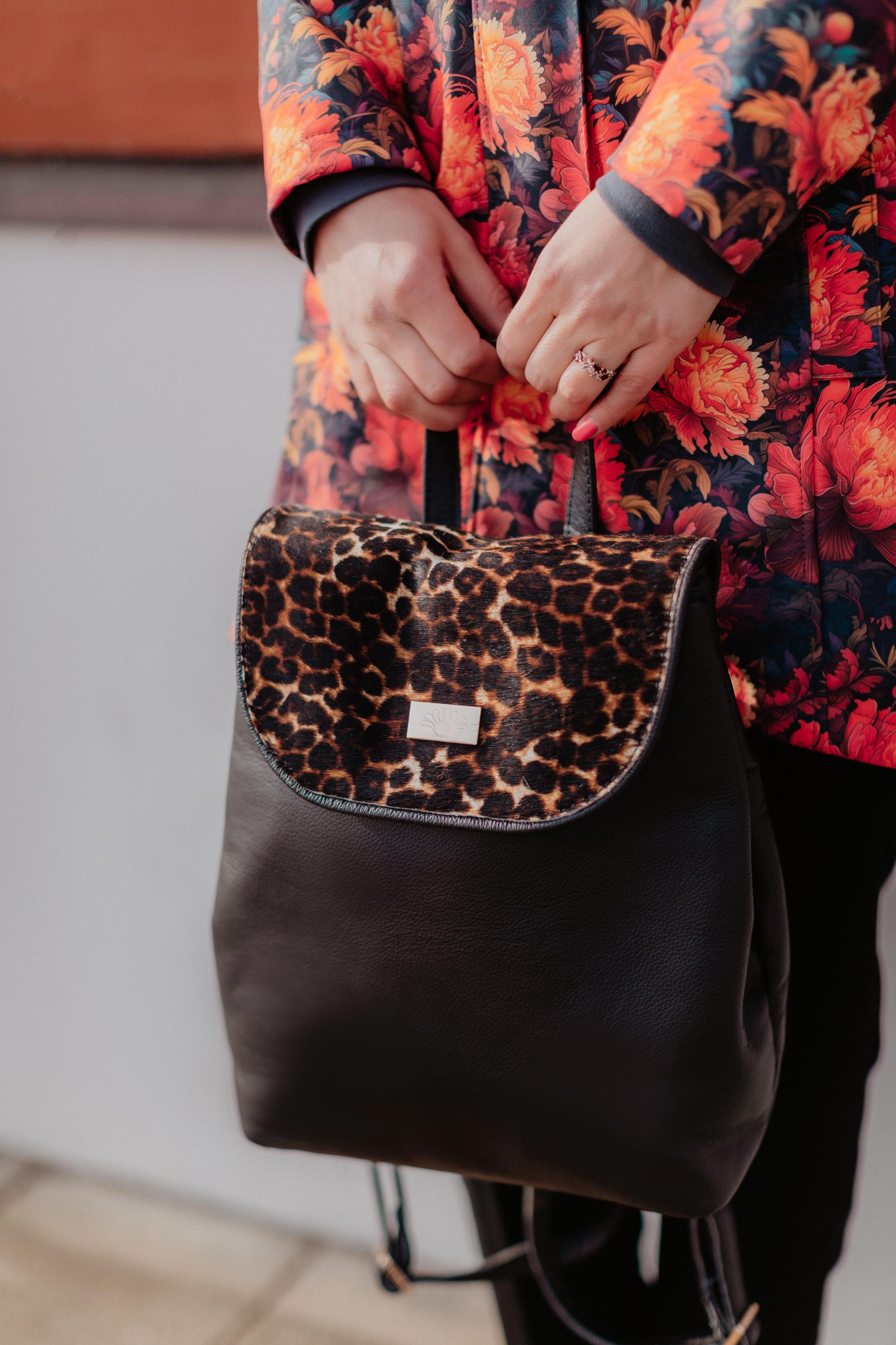 Black Leopard Pony Hair Backpack Bag, Fur Natural Leather 