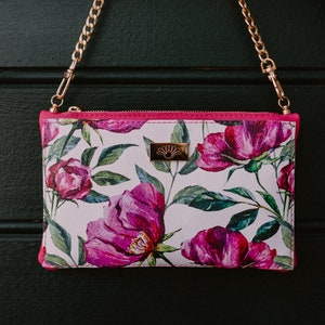 Fuchsia Peonies clutch bag, Leather handbag, Leather clutch, Gift for Her, Pink Leather Bag, Leather Accessories women, Crossbody bag