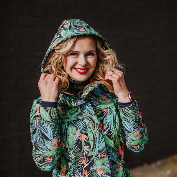 Parka femme avec imprimé tropical, Lady Raincoat, Vêtements d'extérieur, Parka softshell élégante, Taille Plus, Manteau de pluie Jungle, Coupe-vent, Imperméable