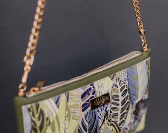 Khaki leaves clutch bag, Leather handbag, Leather clutch, Gift for Her, Green Leather Bag, Leather Accessories women, Crossbody bag