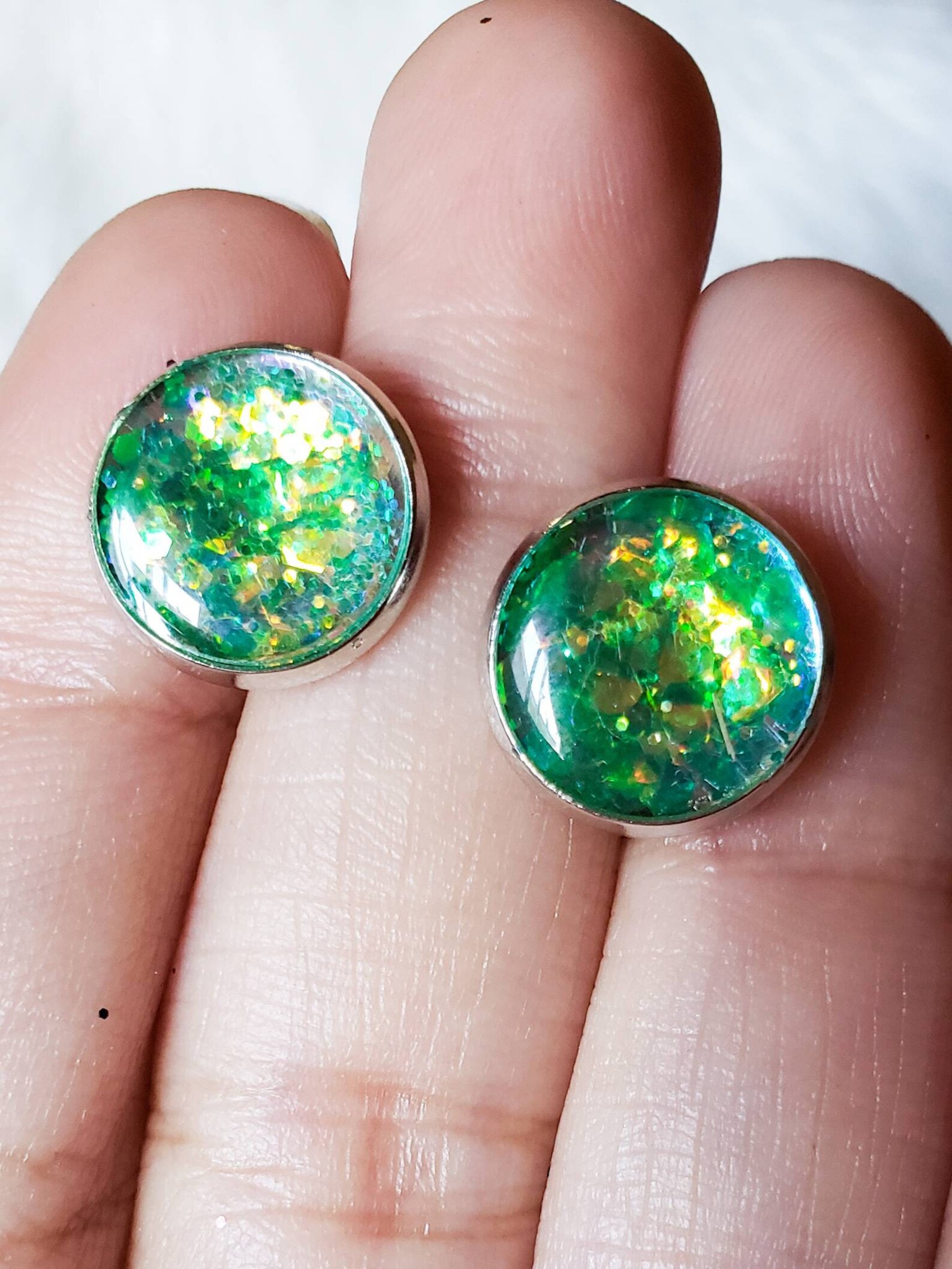 Green Glitter Silver Stud Earrings Etsy