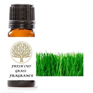 Może przedstawiać: Brązowa szklana butelka olejku eterycznego z czarną zakrętką. Etykieta zawiera logo drzewa i napis "FRESH CUT GRASS FRAGRANCE". Po prawej stronie butelki znajduje się żywy zielony obraz trawy.