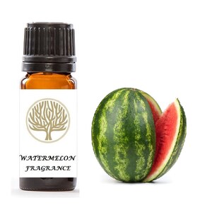 May include: A small amber glass bottle with a black cap, labeled "Watermelon Fragrance". The bottle is next to a whole watermelon and a slice of watermelon.