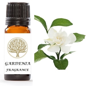 Może przedstawiać: Brązowa szklana butelka olejku eterycznego z czarną zakrętką i białą etykietą z motywem drzewa i napisem "GARDENIA FRAGRANCE". Po prawej stronie biały kwiat gardenii z zielonymi liśćmi.