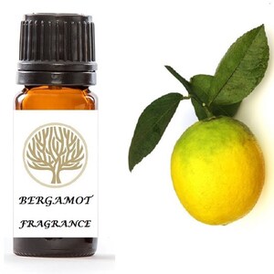 May include: A small brown glass bottle with a black cap and a white label that says "BERGAMOT FRAGRANCE". The label also features a gold tree design. A green bergamot fruit with leaves is shown in the background.