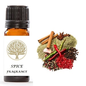 May include: A brown glass bottle with a black cap, labeled "SPICE FRAGRANCE". The bottle is surrounded by a variety of spices, including cinnamon sticks, star anise, cloves, peppercorns, and chili peppers.