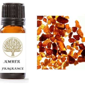 May include: A small amber glass bottle with a black cap. The label has a tree design and the text "AMBER FRAGRANCE".