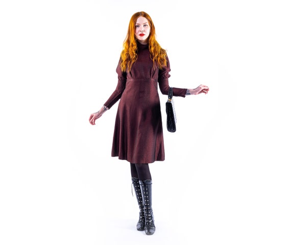 70's wine red puff-sleeve dress