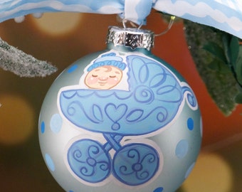 Blue Baby’s 1st hand painted blue glass Christmas ball ornament. Free personalizing and free gift box included.