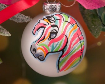 Whimsical Zebra hand painted original art on white glass Christmas ball ornament. Free personalizing and free gift box.