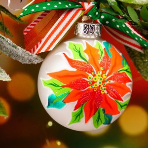 Glittery Sparkly Poinsettia Hand Painted Glass Christmas Ornament