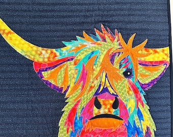 Highland Cow Quilt Art: Thread Painted Wall Hanging (19.5" x 19.5")
