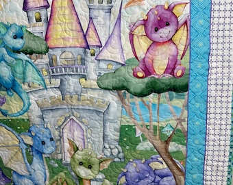 Whimsical Fantasy Dragon Baby Quilt or Wall Hanging / Play Mat / Castle & Dragon Nursery Quilt |  Fantasy Nursery Decor