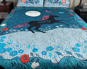 Mystical Unicorn Double / Queen Size Handmade Fantasy Quilt / Celestial Moon Quilt / Gothic Unicorn Bedding / Teal Floral Quilt
