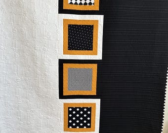 Abstract Geometric Art Quilt, Black, White and Gold Home Decor