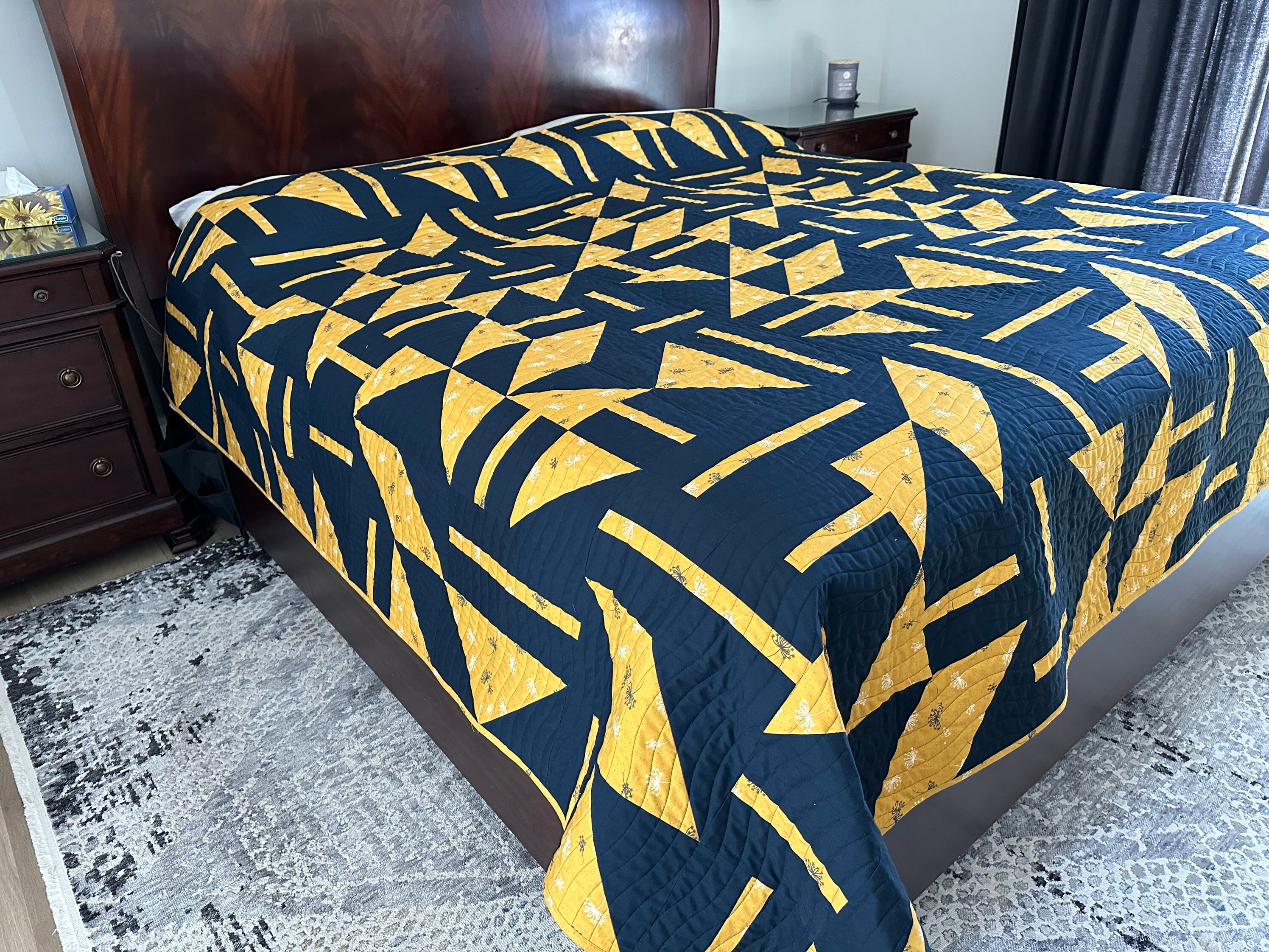 Modern King Size Bed Quilt / Geometric Navy and Gold Quilt Etsy