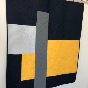 Modern Contemporary Baby Quilt or Wall Hanging – Navy, Mustard & Grey – Minimalist Handmade Patchwork Quilt